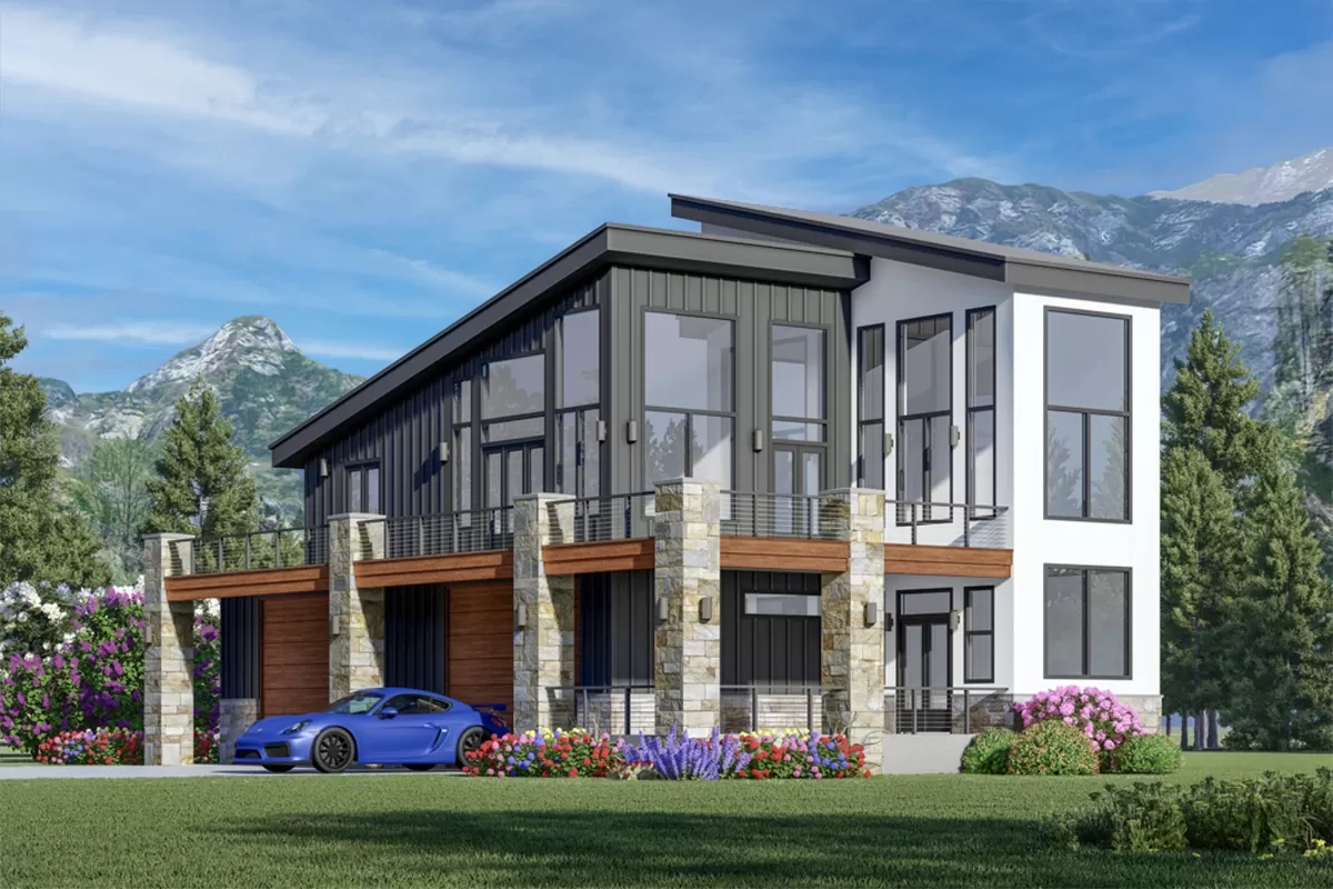 Modern House Plan with RV Garage and Elevator and Wraparound Deck ...